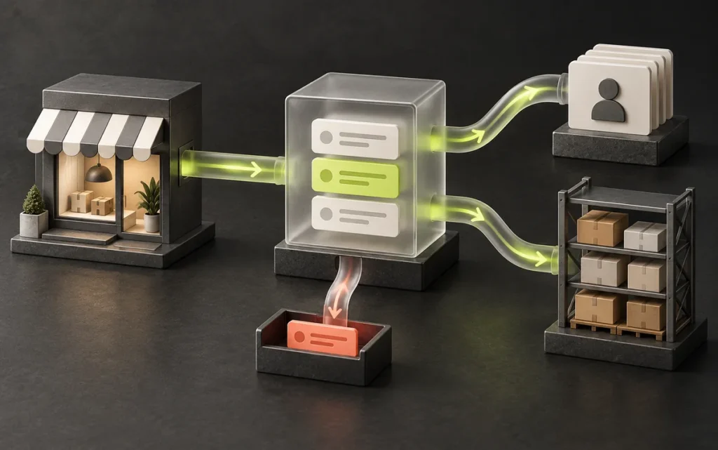 Illustration de flux organisés entre une boutique en ligne et plusieurs outils de gestion.