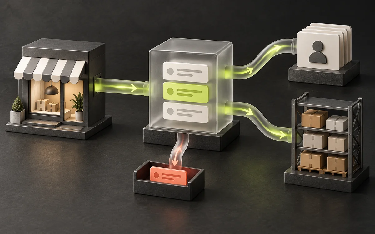 Illustration de flux organisés entre une boutique en ligne et plusieurs outils de gestion.